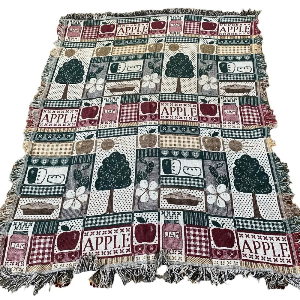 Vintage apple jacquard‎ fringed throw blanket pie jam acrylic reversible 61x47